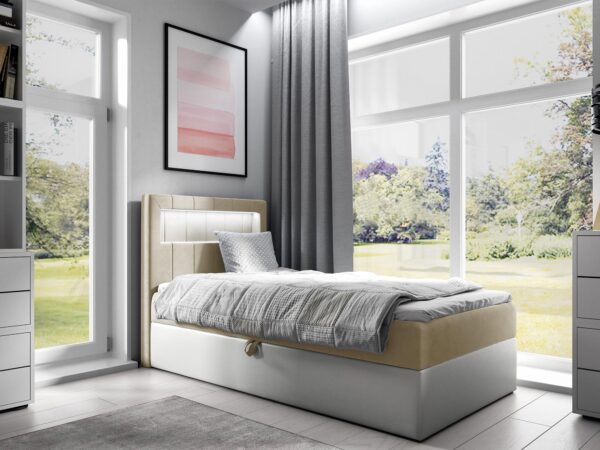 Kremowe łóżko z klasycznym pikowaniem i nowoczesną formą, styl skandynawski