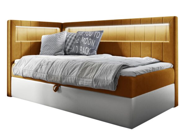 Łóżko z musztardowym zagłówkiem i szarym korpusem, styl industrial glamour