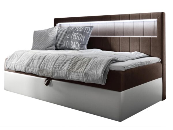 Młodzieżowe łóżko z brązowym zagłówkiem i szarą podstawą w stylu loftowym