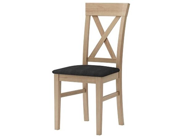 Drewniane krzesło z jasnym stelażem i czarnym tapicerowanym siedziskiem