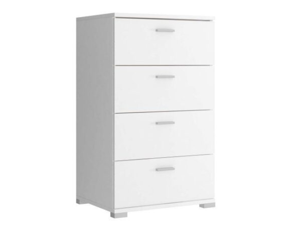 Biała komoda drewniana z trzema szufladami, nowoczesny styl do sypialni