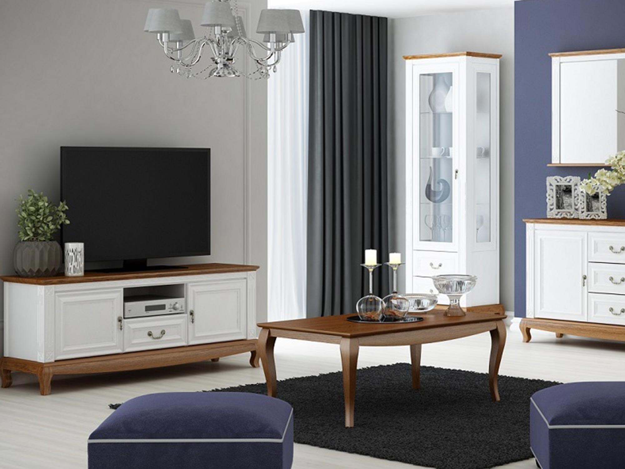 Salon z meblami RTV w stylu klasycznym z jasnymi dodatkami