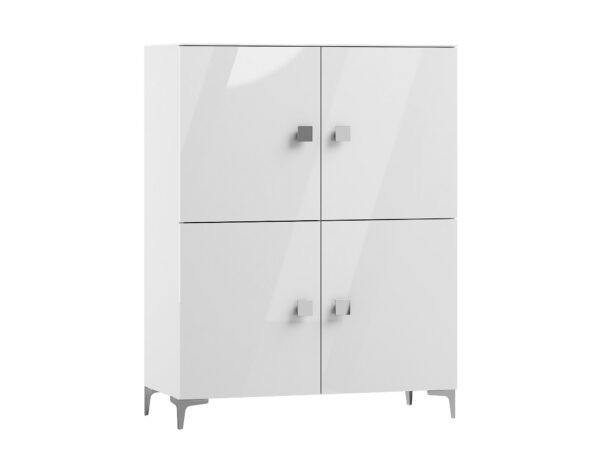 Biała komoda z połyskiem i srebrnymi uchwytami, styl nowoczesny