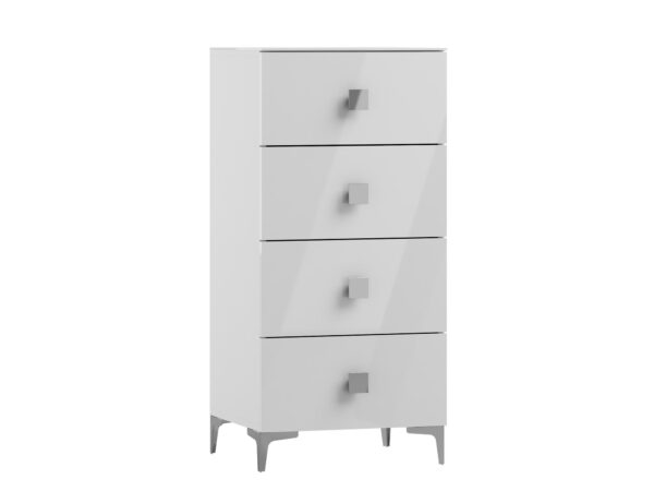 Biała komoda z czterema szufladami i srebrnymi nogami