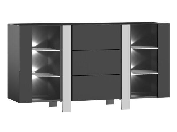 Komoda grafitowa z podświetlanymi witrynami i trzema szufladami