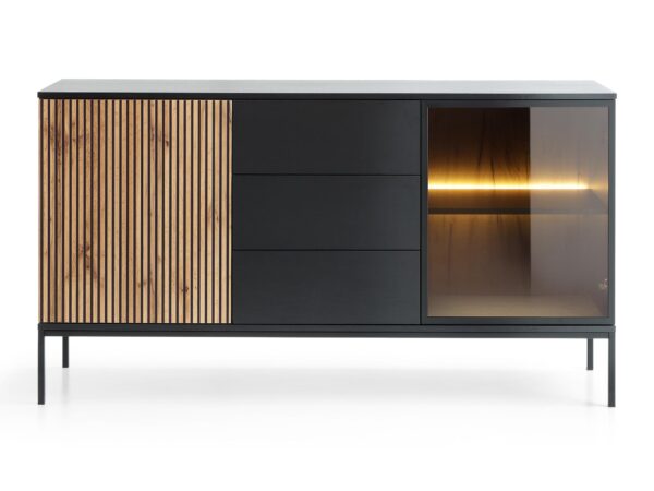 Komoda z frontem lamelowym i przeszkloną częścią – styl modern classic