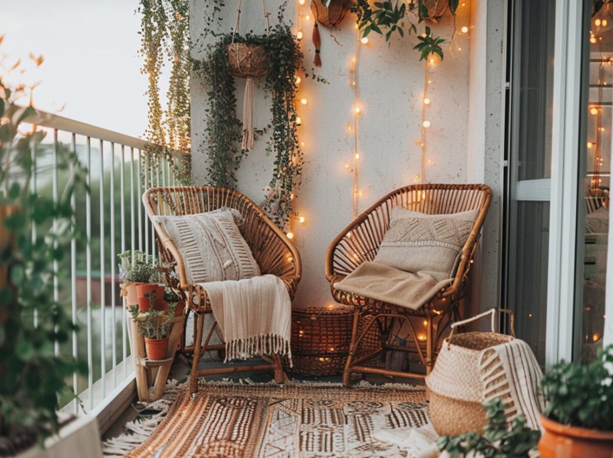 Taras z fotelami z rattanu i poduchami w stylu boho
