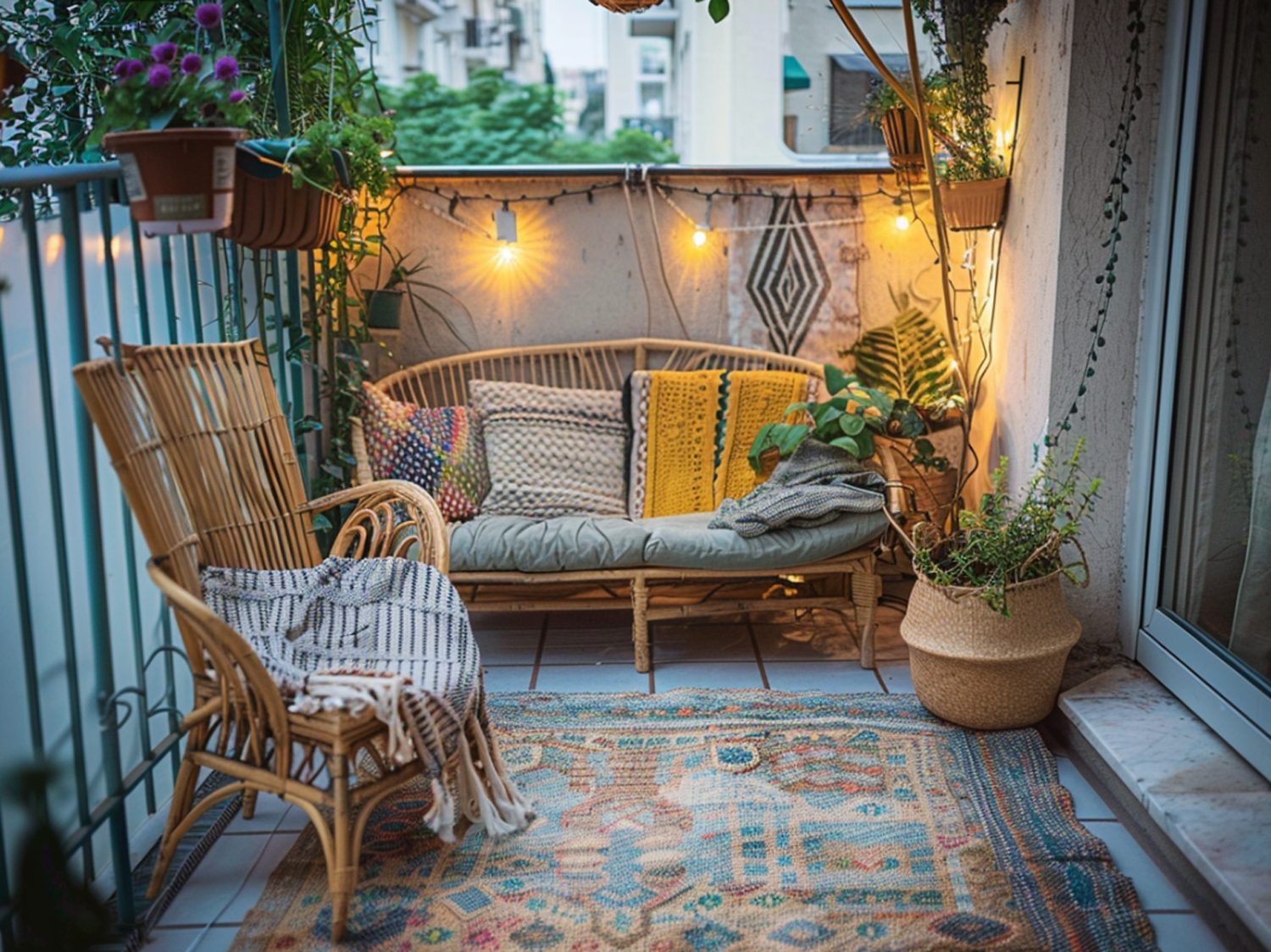 Tarasowy zestaw wypoczynkowy z technorattanu i poduszkami w stylu boho