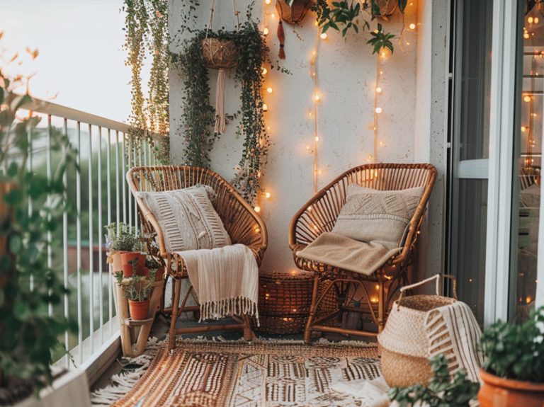 Taras z fotelami z rattanu i poduchami w stylu boho