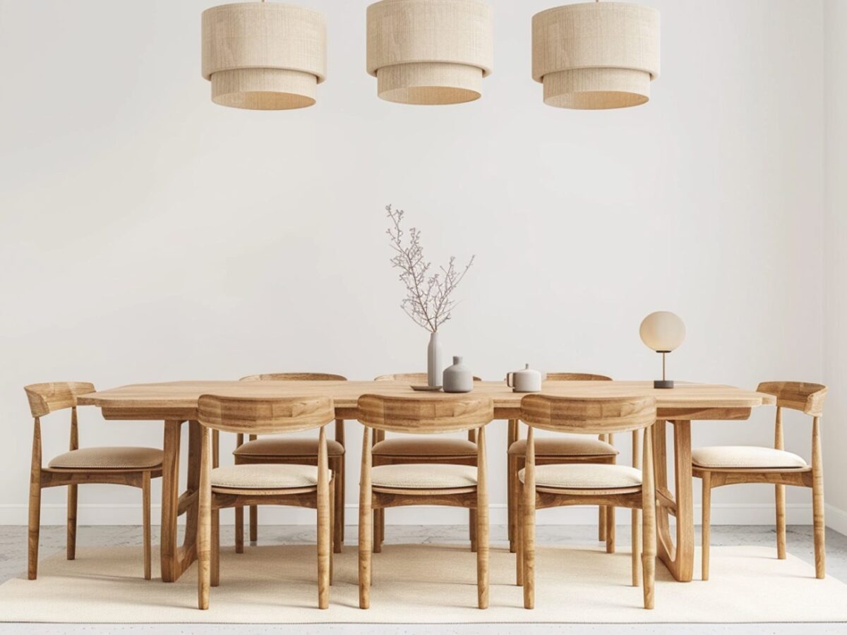 Drewniany stół jadalniany z ośmioma krzesłami w stylu skandynawskim