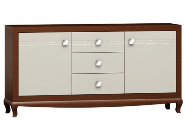 Komoda z trzema szufladami i dwoma szafkami w kolorze kremowym z orzechowym blatem