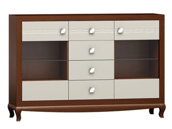 Komoda z czteroma szufladami i przeszklonymi wnękami