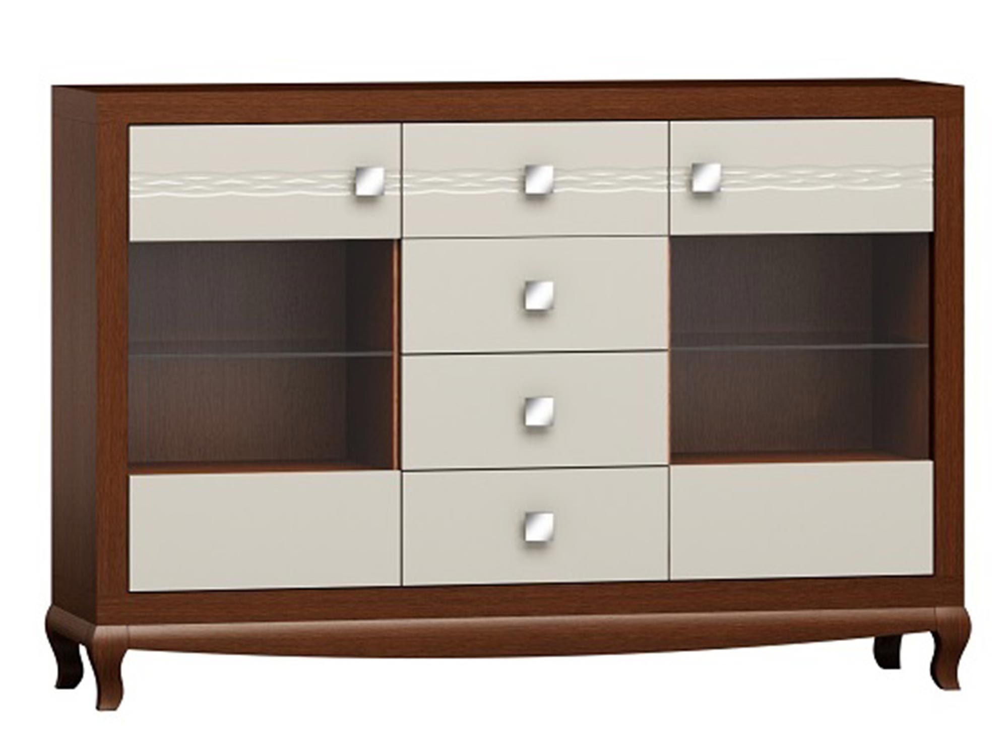 Komoda z czteroma szufladami i przeszklonymi wnękami Komoda z czteroma szufladami i przeszklonymi wnękami