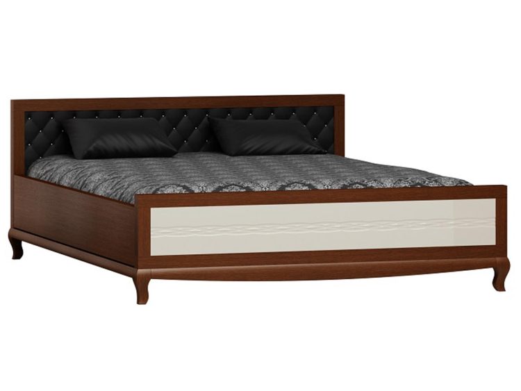 Tapicerowane łóżko z czarnym zagłówkiem i drewnianą ramą