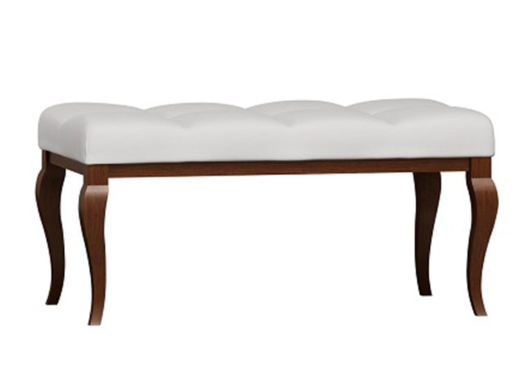 Biała ławka z pikowanym siedziskiem i giętymi nogami