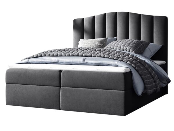 Grafitowe łóżko z miękkim zagłówkiem i prostym korpusem w stylu modern classic