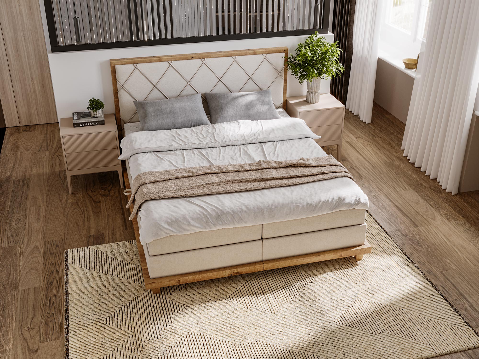 Aranżacja sypialni z łóżkiem tapicerowanym z pojemnikiem