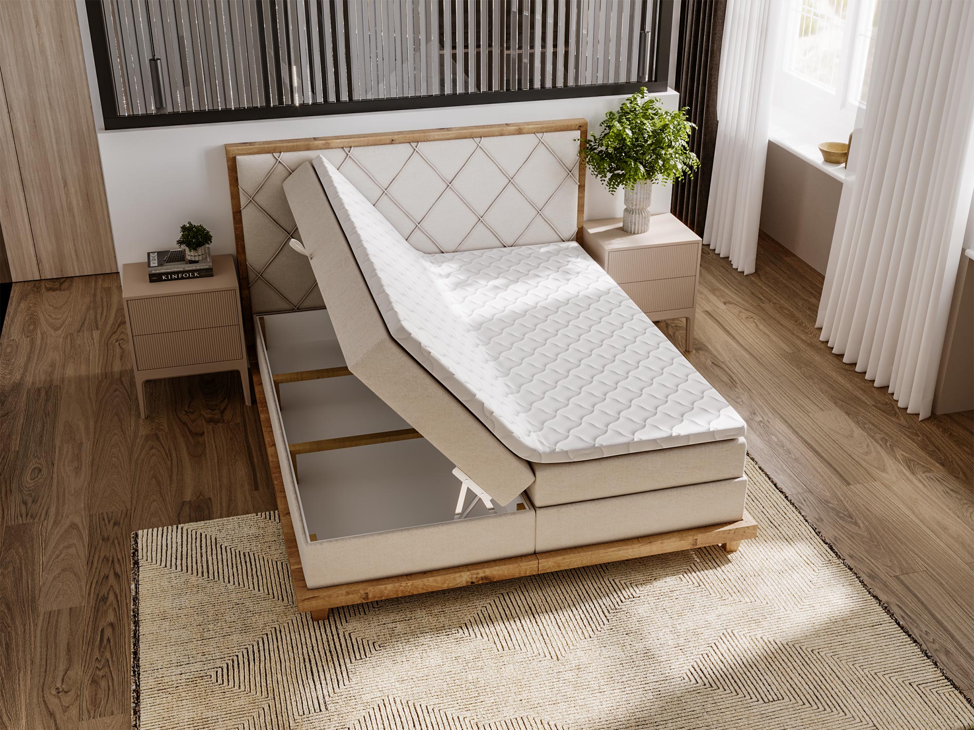 Beżowe łóżko z pojemnikiem i otwartym materacem – aranżacja