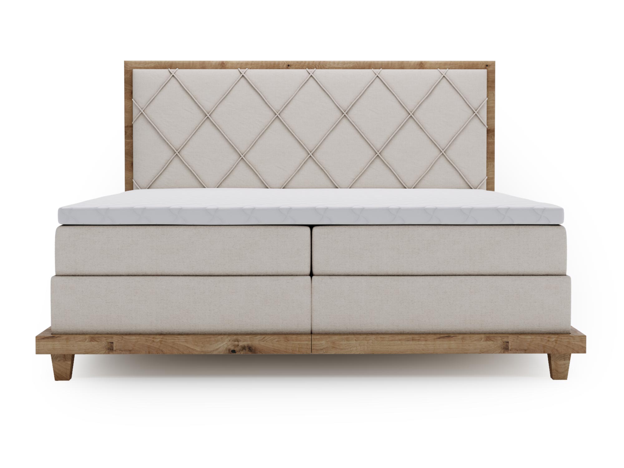 Łóżko z wysokim wezgłowiem i pojemnikiem na pościel – beż