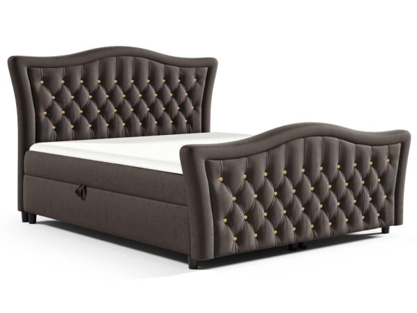 Ciemnobrązowe łóżko z zaokrąglonym pikowanym zagłówkiem w stylu klasycznym