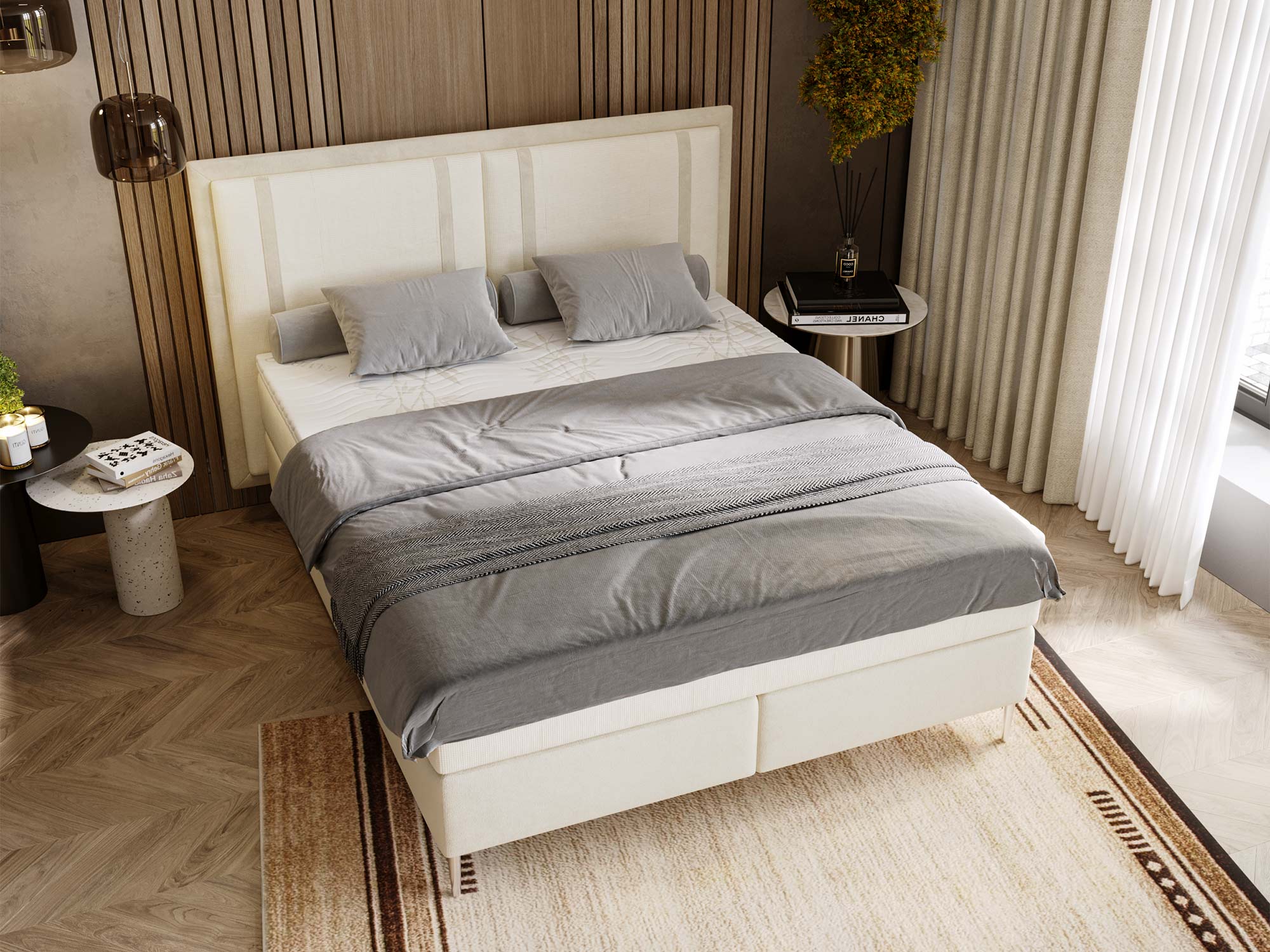 Białe łóżko z wysokim zagłówkiem w przytulnej sypialni Białe łóżko z wysokim zagłówkiem w przytulnej sypialni