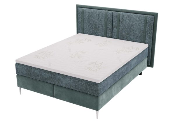 Turkusowe łóżko kontynentalne z dekoracyjnym przeszyciem na zagłówku