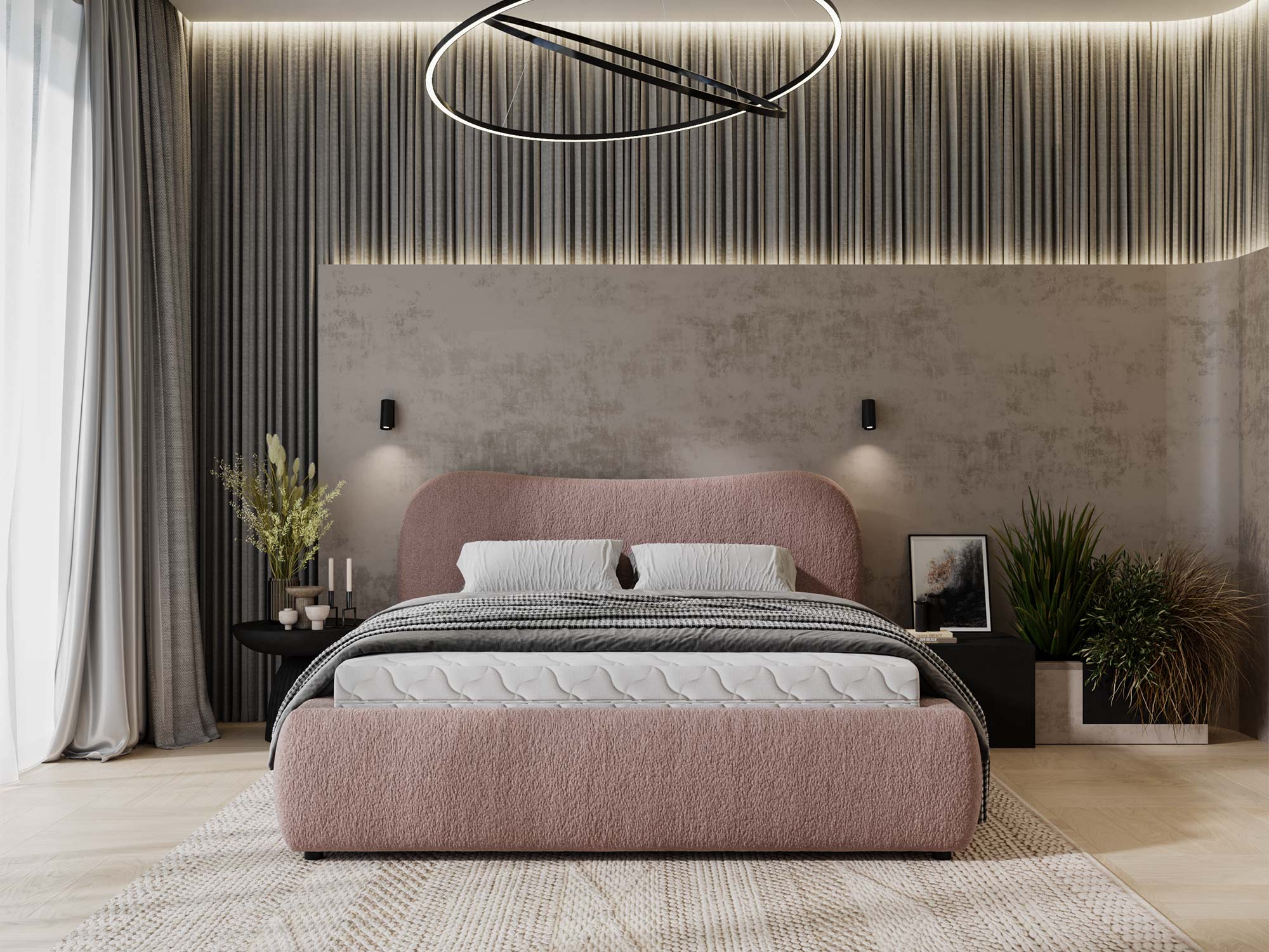 Różowe łóżko tapicerowane – jasna aranżacja z kinkietami