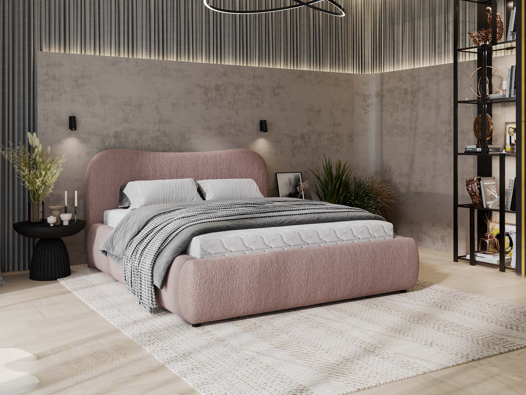 Aranżacja: łóżko różowe, welurowe z narzutą – styl skandynawski