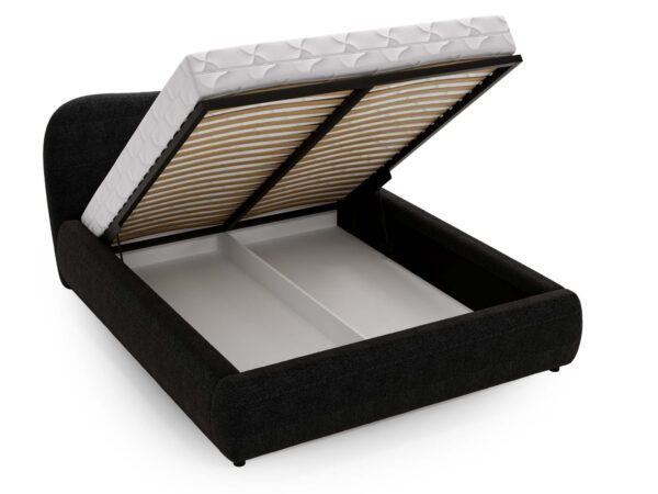 Czarne łóżko z podnoszonym stelażem – pojemnik na pościel