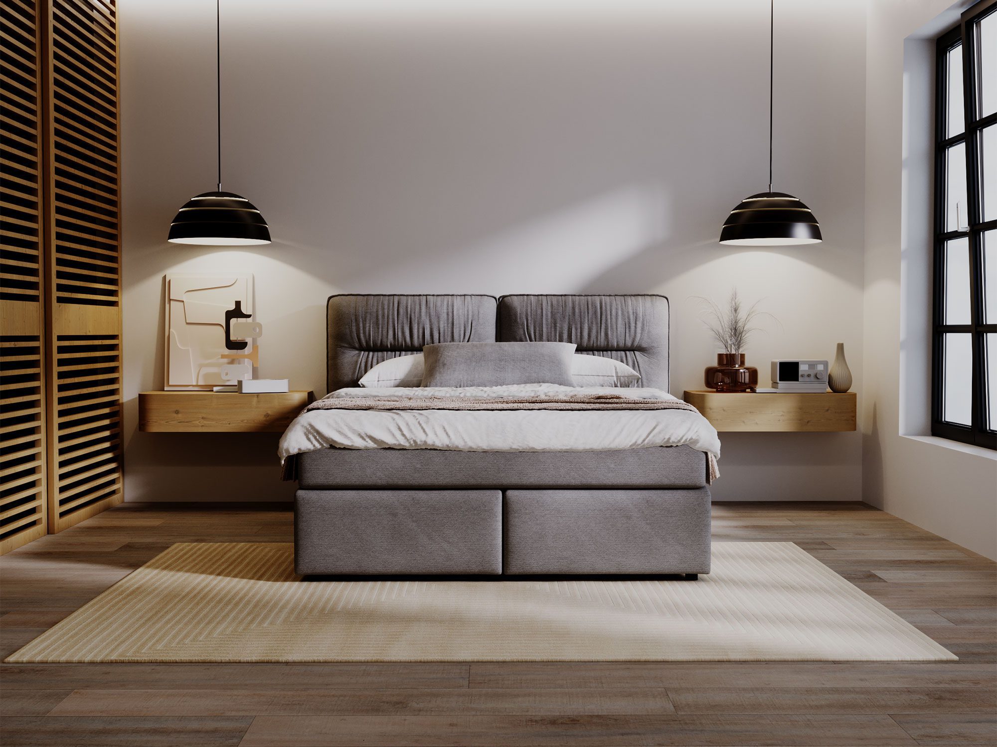 Szare łóżko z wysokim materacem w nowoczesnym pokoju Szare łóżko z wysokim materacem w nowoczesnym pokoju