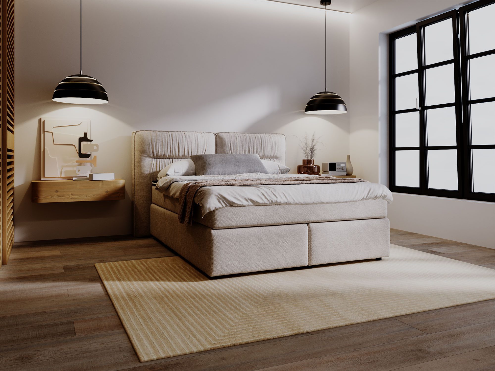 Beżowe łóżko kontynentalne z oświetleniem bocznym w nowoczesnej sypialni Beżowe łóżko kontynentalne z oświetleniem bocznym w nowoczesnej sypialni
