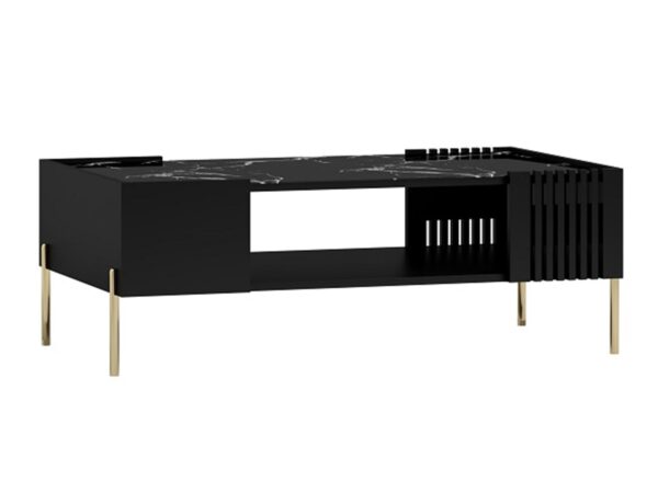 Czarny stolik kawowy z marmurowym blatem i pionowymi listwami dekoracyjnymi.