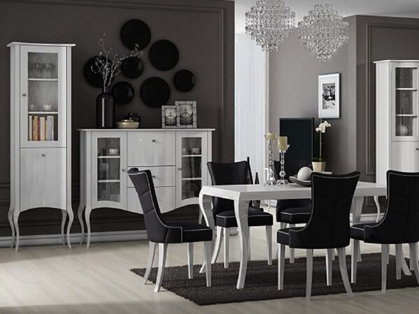 Czarno-biała jadalnia z nowoczesnym wystrojem i żyrandolami