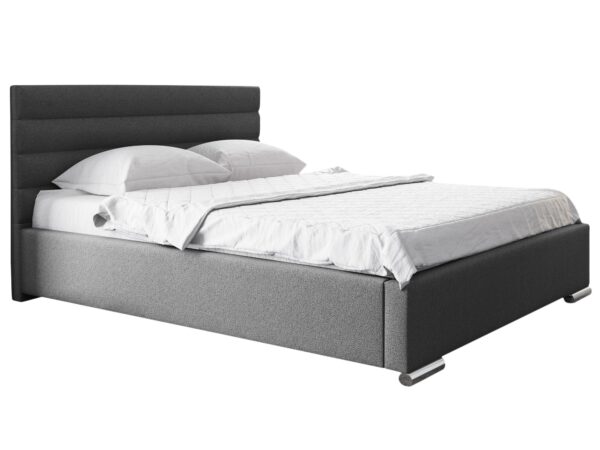 Szare łóżko z funkcjonalną ramą i tapicerowanym zagłówkiem
