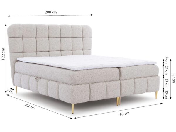 Łóżko z prostym szarym zagłówkiem i wymiarami technicznymi w stylu nowoczesnym