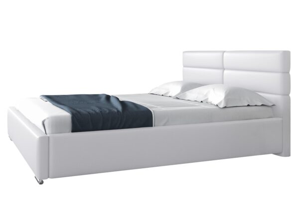 Białe łóżko z klasycznym zagłówkiem i czarną narzutą