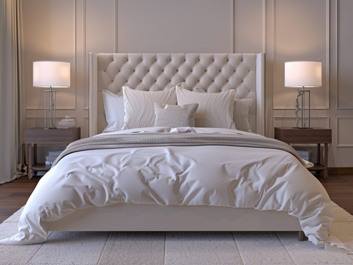Luksusowe łóżko tapicerowane z pikowanym zagłówkiem w jasnej sypialni
