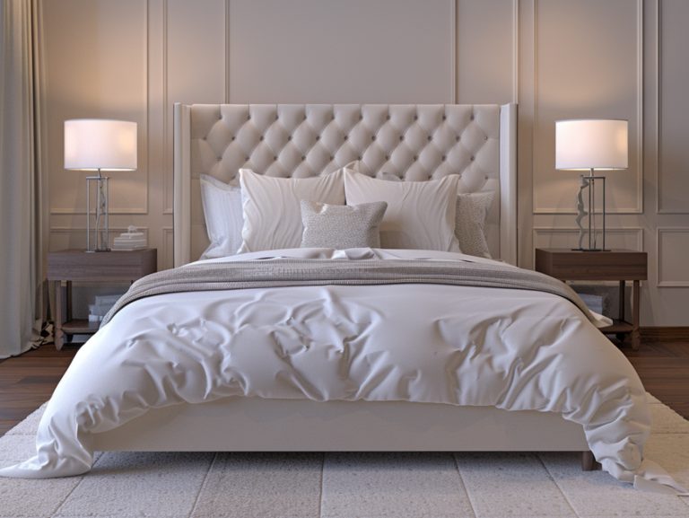 Luksusowe łóżko tapicerowane z pikowanym zagłówkiem w jasnej sypialni