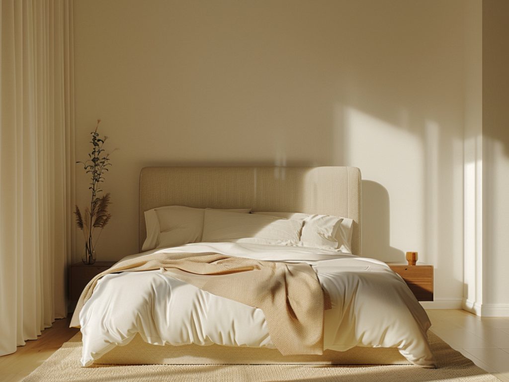 Łóżko tapicerowane z jasną pościelą i drewnianymi elementami