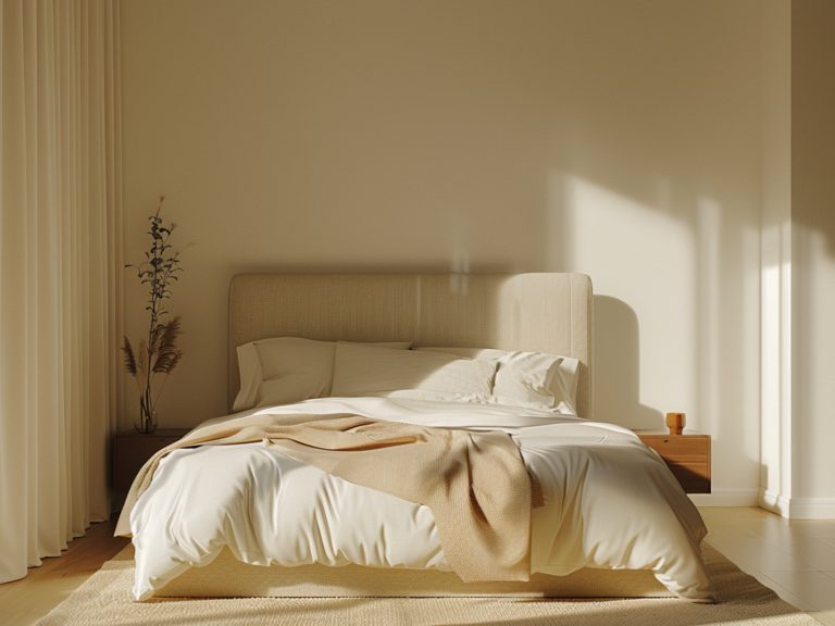 Łóżko tapicerowane z jasną pościelą i drewnianymi elementami