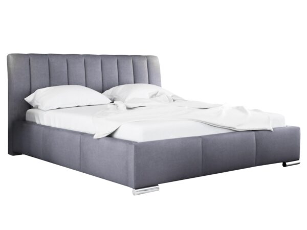 Szare łóżko z wysokim wezgłowiem i podświetleniem LED w tle