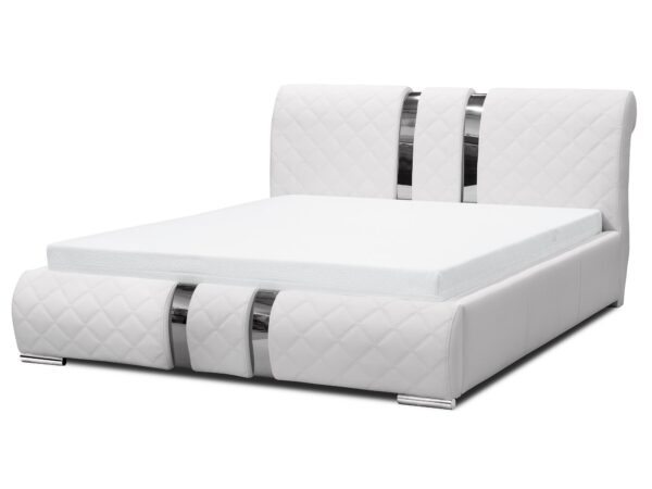 Tapicerowane łóżko z białą powierzchnią i ciemnymi pasami, widok z boku, styl modern