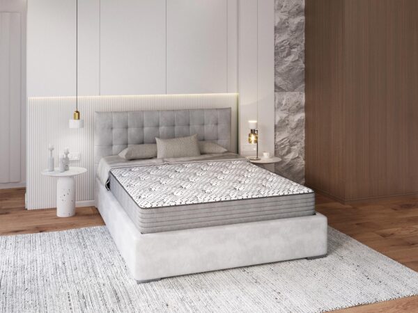 Tapicerowane łóżko z wysokim zagłówkiem i systemem podnoszenia