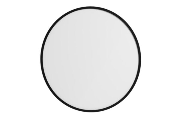 Lustro ścienne okrągłe w czarnej ramie.