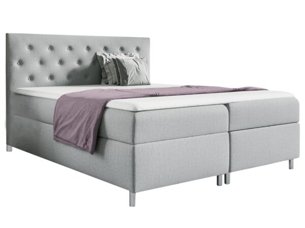 Jasnoszare łóżko kontynentalne z eleganckim zagłówkiem i podwójnym materacem w stylu skandynawskim