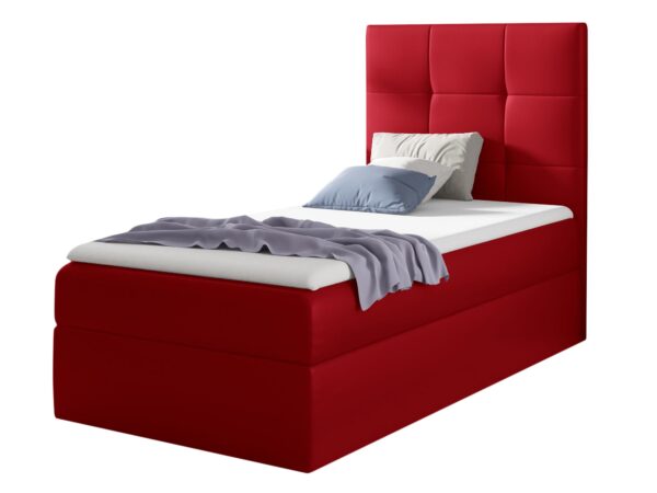 Łóżko z wysokim czerwonym zagłówkiem i schowkiem w ramie, styl użytkowy