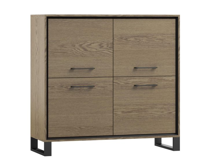 Komoda dębowa z czarnymi nogami i czterema szafkami