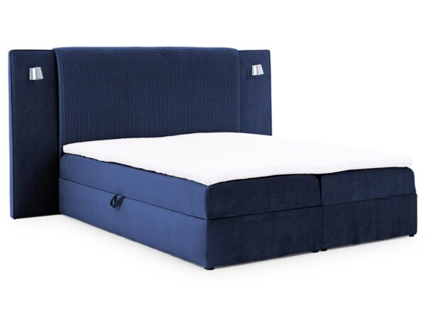 Granatowe łóżko tapicerowane z pojemnikiem na pościel w stylu nowoczesnym