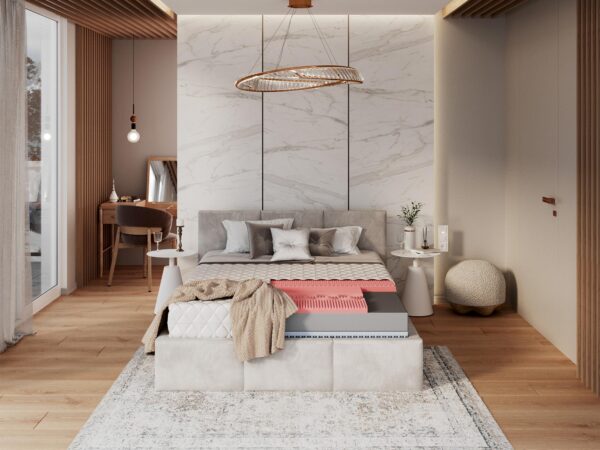 Łóżko z różowym materacem i nowoczesnym zagłówkiem w stylu glamour