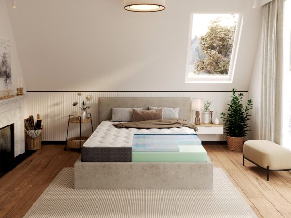Tapicerowane łóżko z materacem piankowym i zagłówkiem w aranżacji loftowej